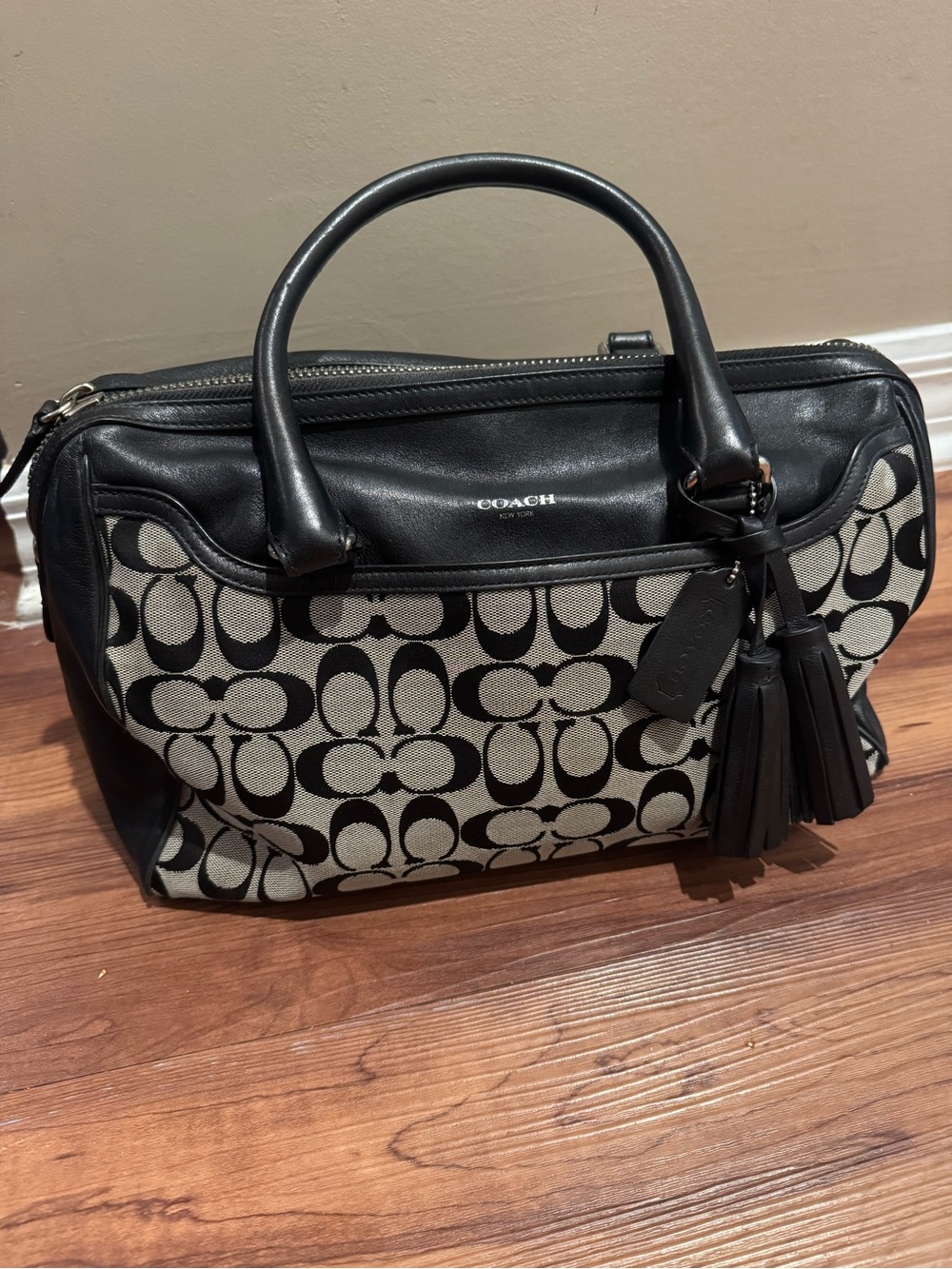 Coach Signature Canvas Satchel in Black and Ivory with Tassel